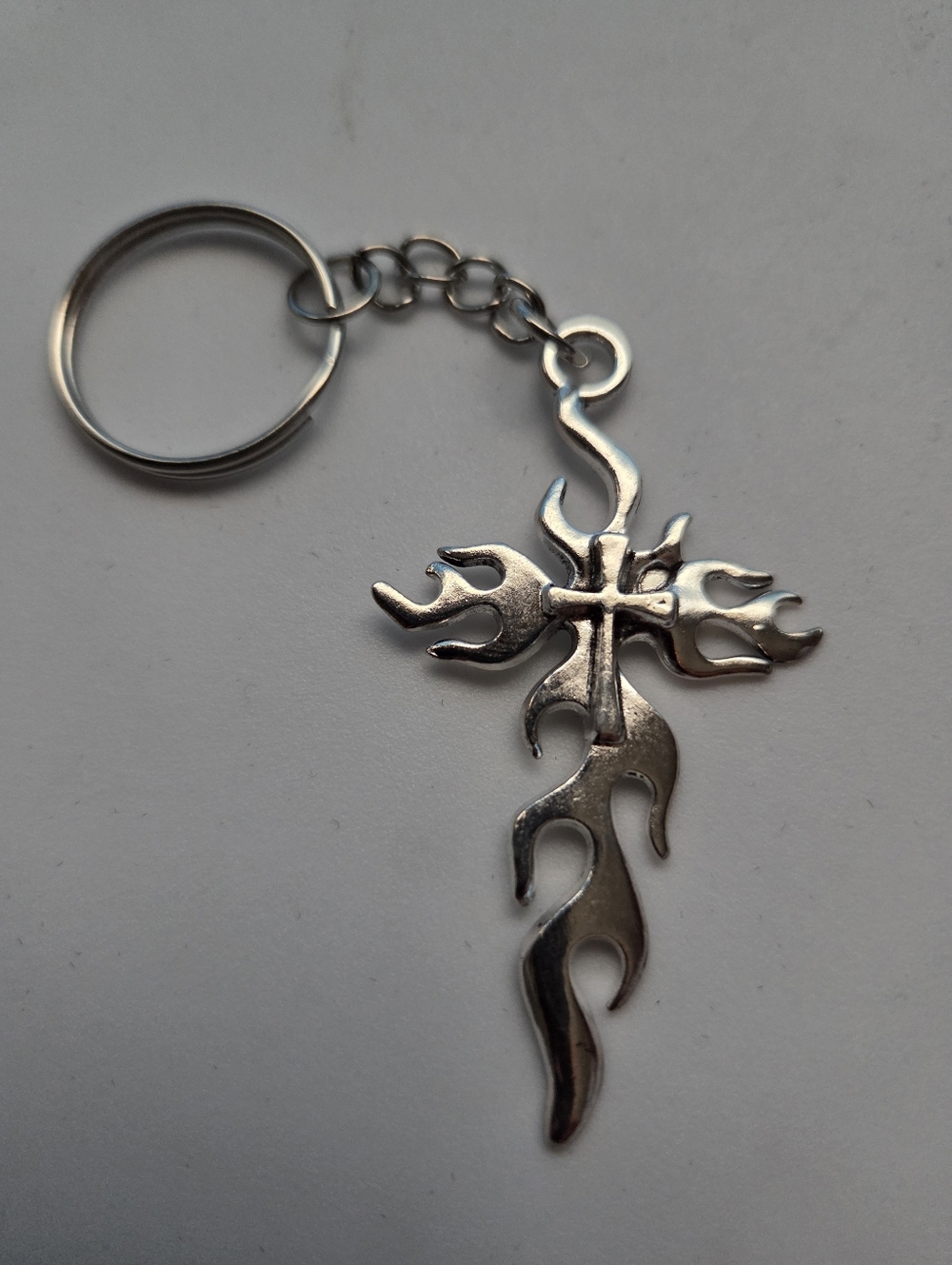 Silver Tone Flame Cross Keychain - Men Accessories